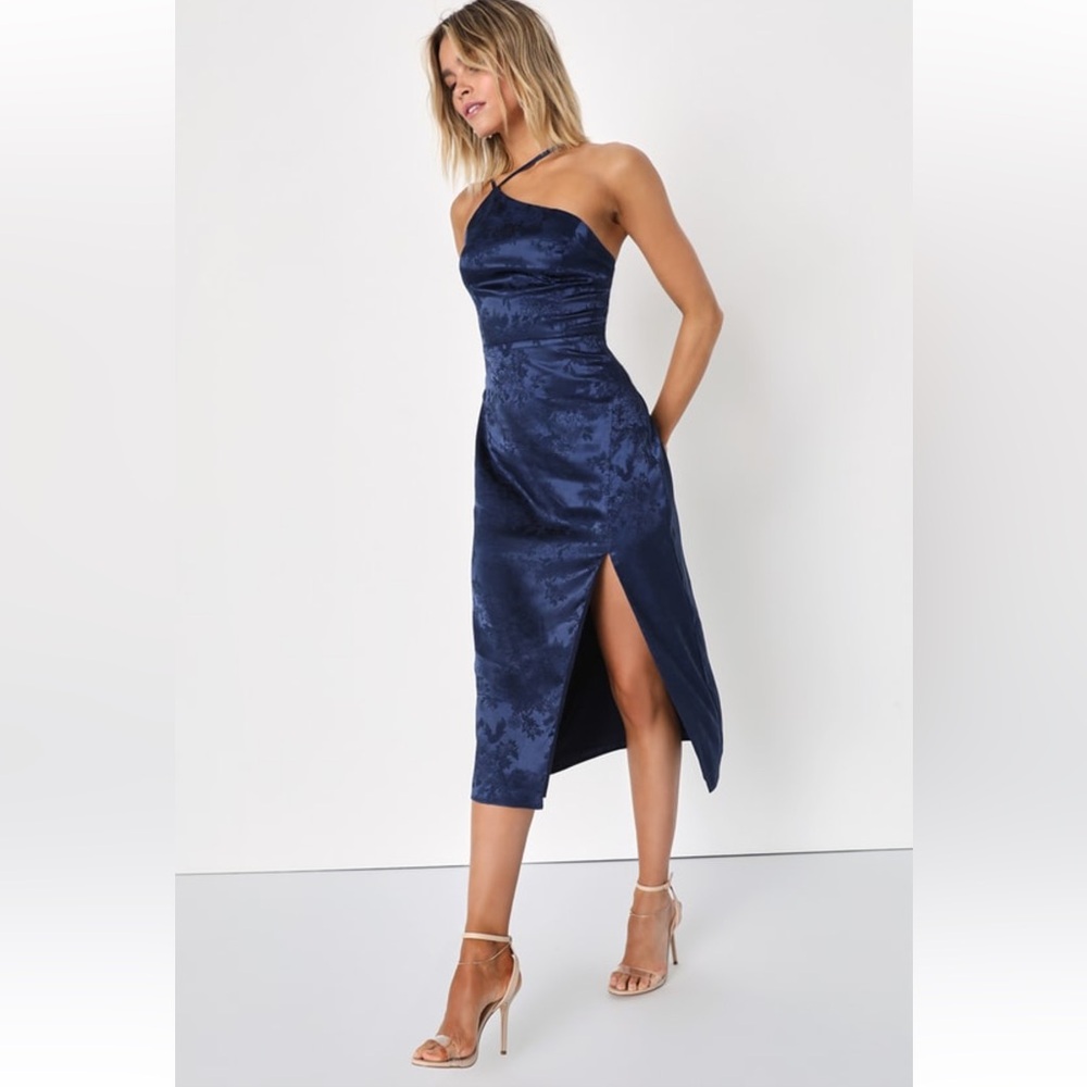 Lulus Desirable Dream Navy Blue Satin Jacquard Halter Neck Midi Dress